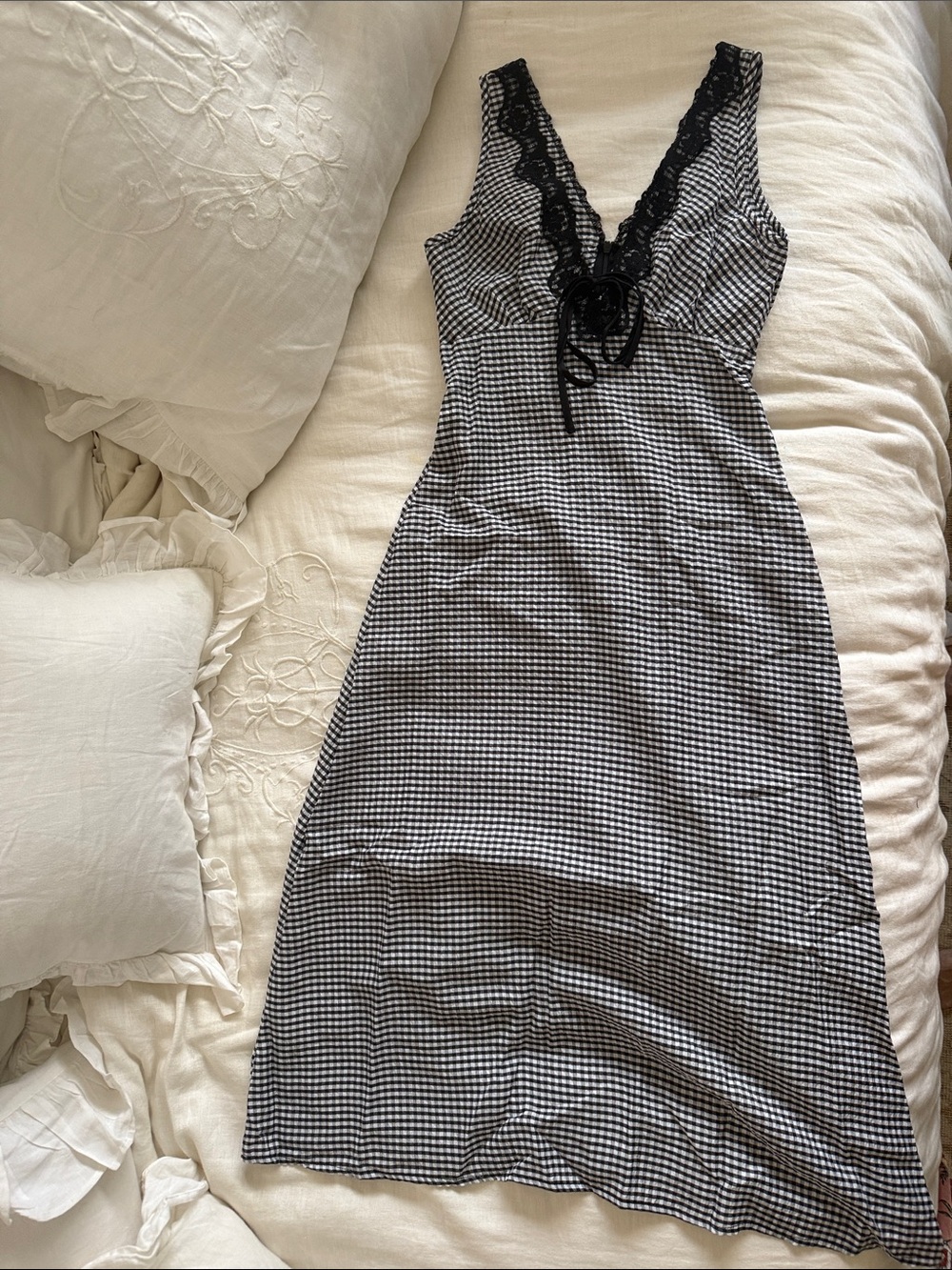 Black & White Gingham Lace-Trim Slip Dress